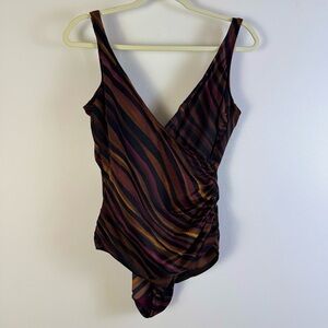 Miraclesuit Striped Bronze Brown Black Maroon 12 Slimming Ruched One Piece Suit